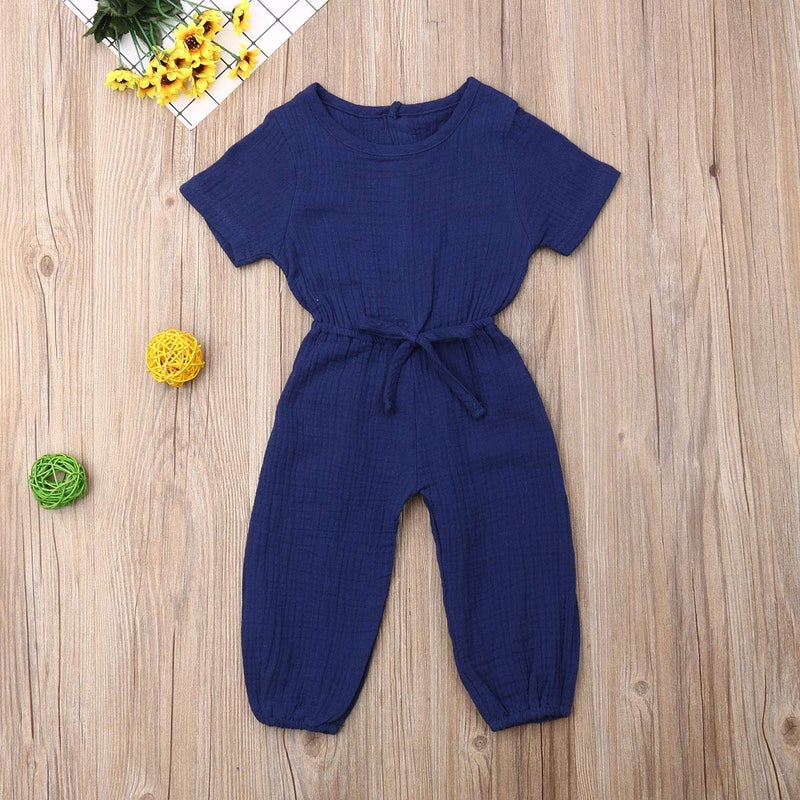Mubineo Toddler Baby Girl Summer Fall Basic Plain Short Sleeve Cotton Linen Drawstring Romper Jumpsuit (Royal Blue, 2-3T) - Image 2